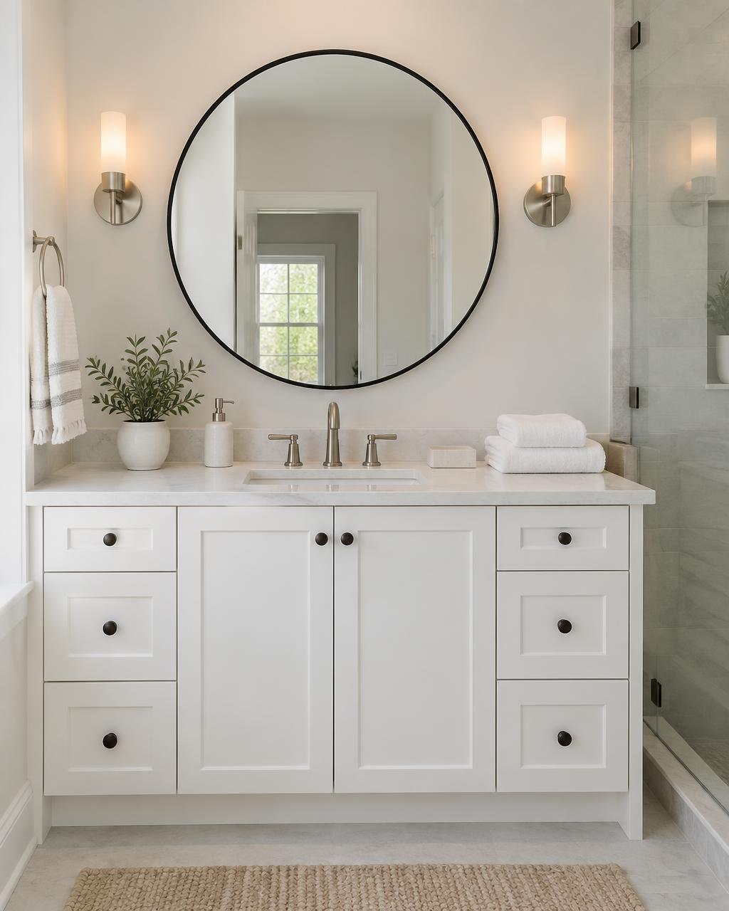 AI design concept of a bright, tidy bathroom with a round matte black mirror above a white vanity