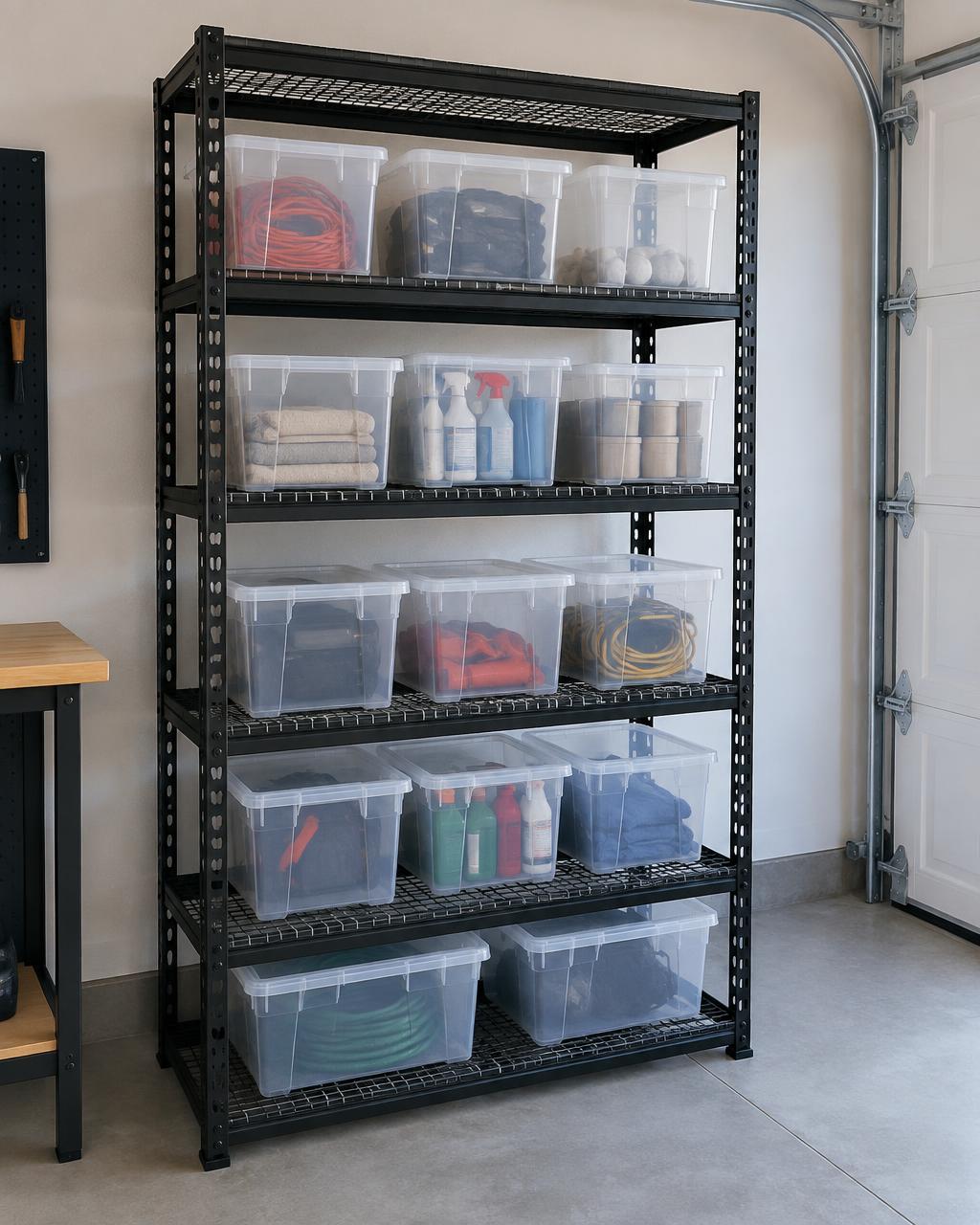 AI design concept of a tidy garage with a black five-tier steel shelving unit holding storage bins