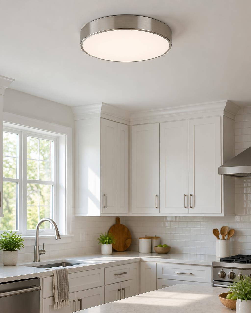 AI design concept of a clean white kitchen with a low-profile round brushed nickel flush-mount ceiling light