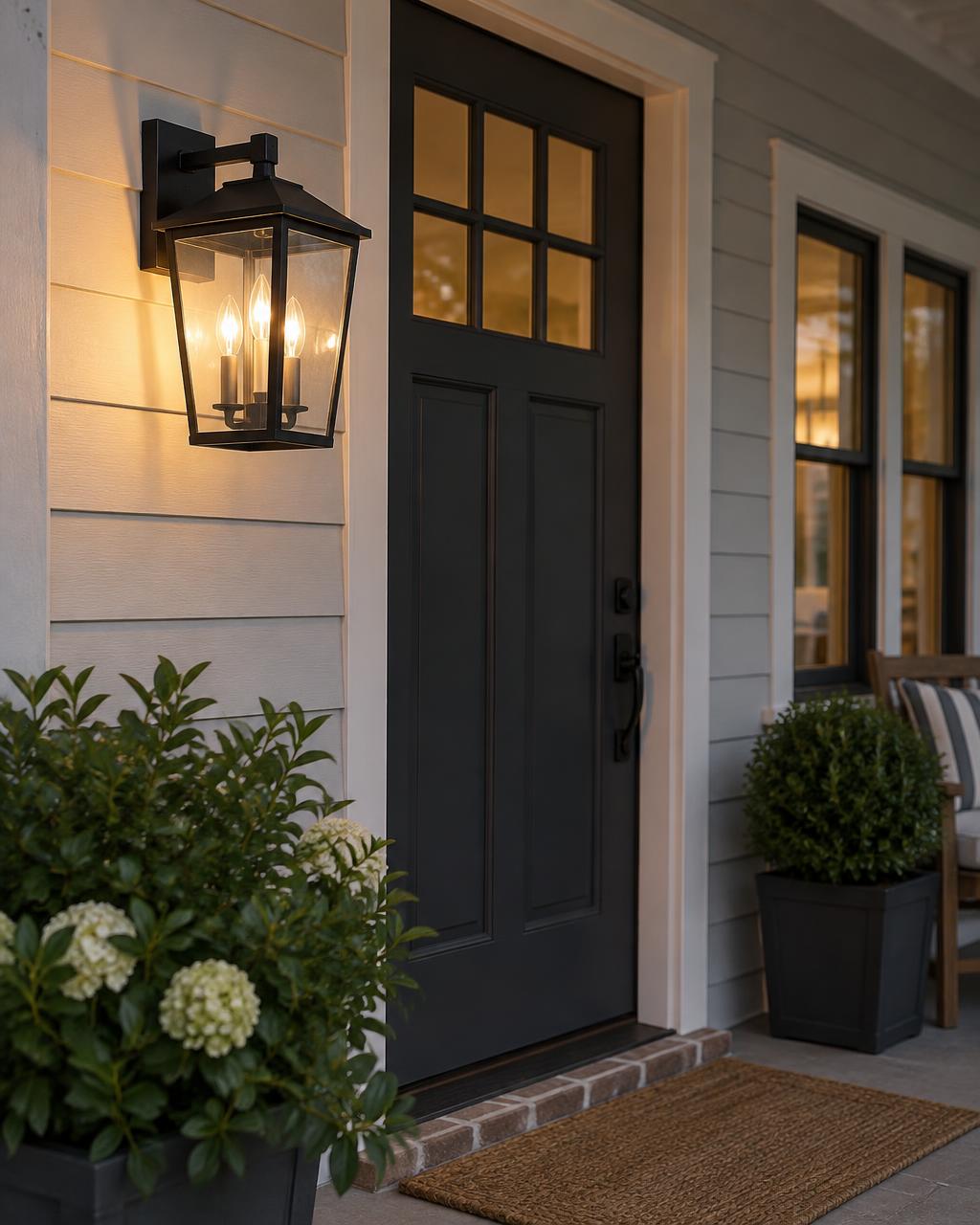 AI design concept of a front entrance with a matte black three-light outdoor wall lantern with clear glass beside the door
